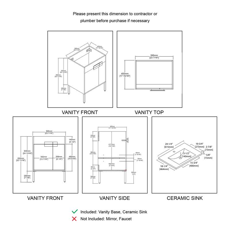 Blossom Bari 24" Freestanding Wood Bathroom Vanity Cabinet with Sink
