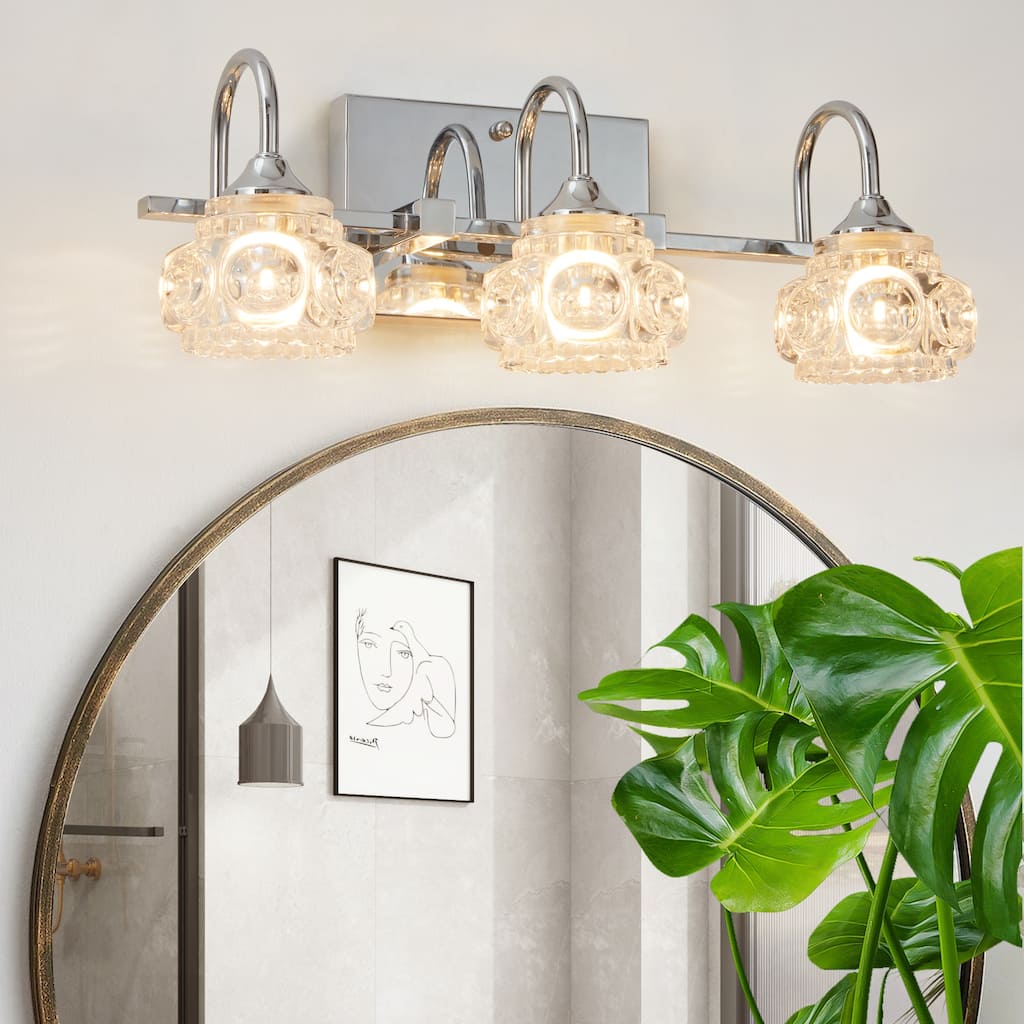 Modern Chrome Bathroom Vanity Light with Patterned Glass Shades