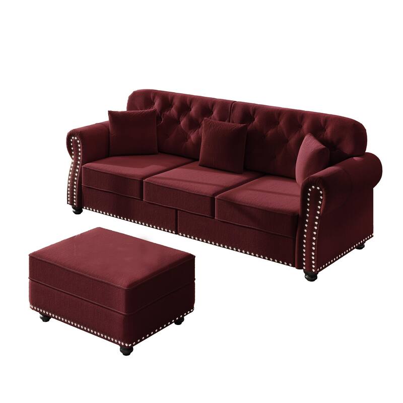 Mid Century Modern Couch, Velvet Chesterfield Sofa Button Tufted Oversized Loveseat Sofa with Nailhead Trim & Roll Armrests