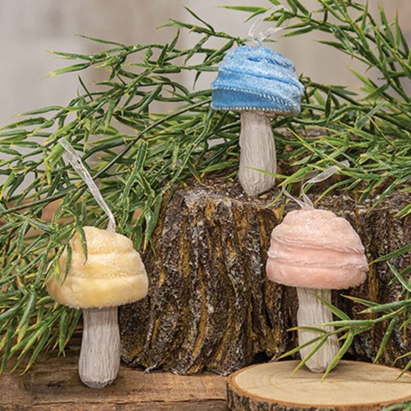 Velvet Mushroom Christmas Ornaments in Pastel Colors- 3 Asstd. - 2.5" x 1.75"