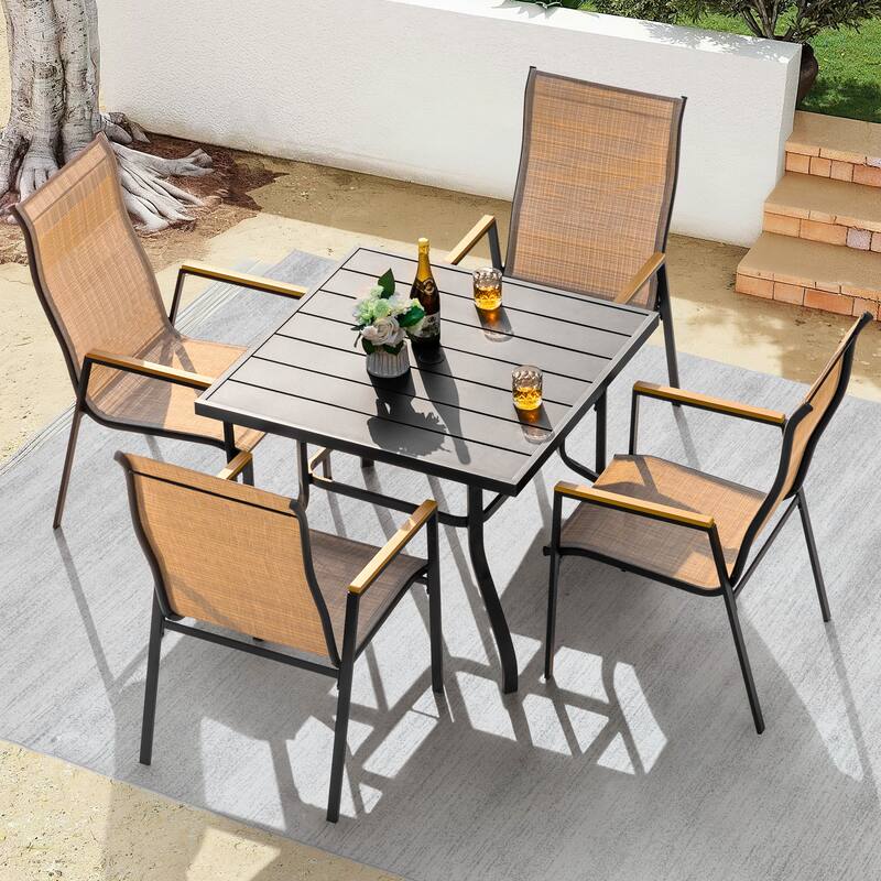 5-Piece Textilene Patio Dining Set with Umbrella Hole, Stackable Design