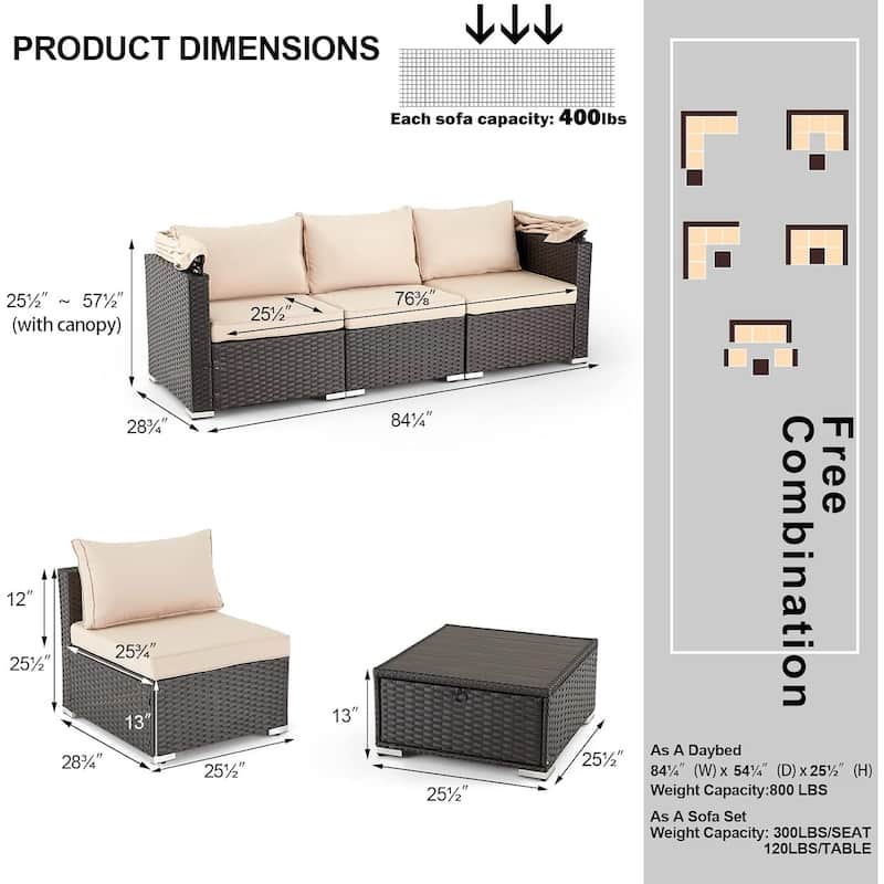 Erommy 6-Piece Patio Set - Rattan Daybed with Canopy & Adjustable Backrest