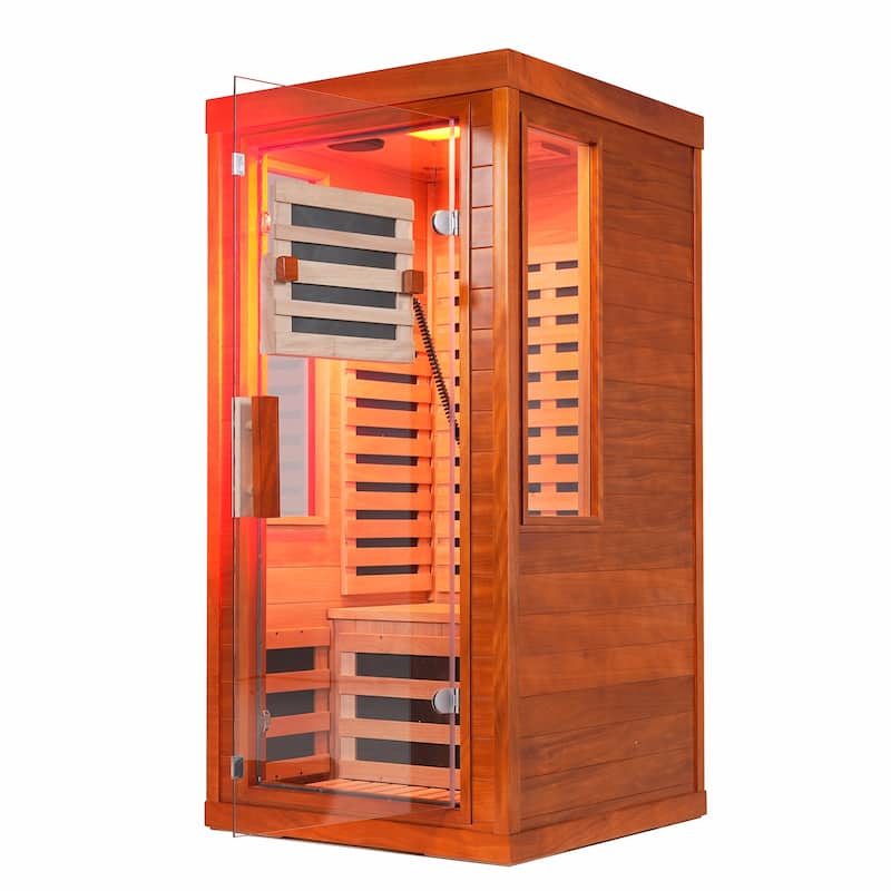 One Person Indoor Low EMF Infrared Sauna Okoume Wood with Bluetooth Red Light Therapy - N/A - Natural