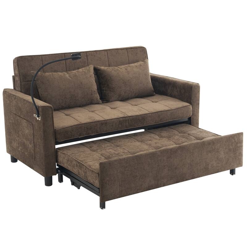 Pull-Out Sofa Bed Sleeper Sofa with A Reversible Backrest Cushion, Side Pockets, Two USB Ports and a Phone Holder