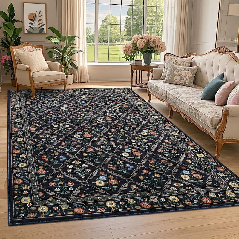 Floral Area Rugs for Living Room Bedroom Soft Farmhouse Washable Rug Non-Slip Low Pile Accent Carpet - 9'x12' - Black/Navy