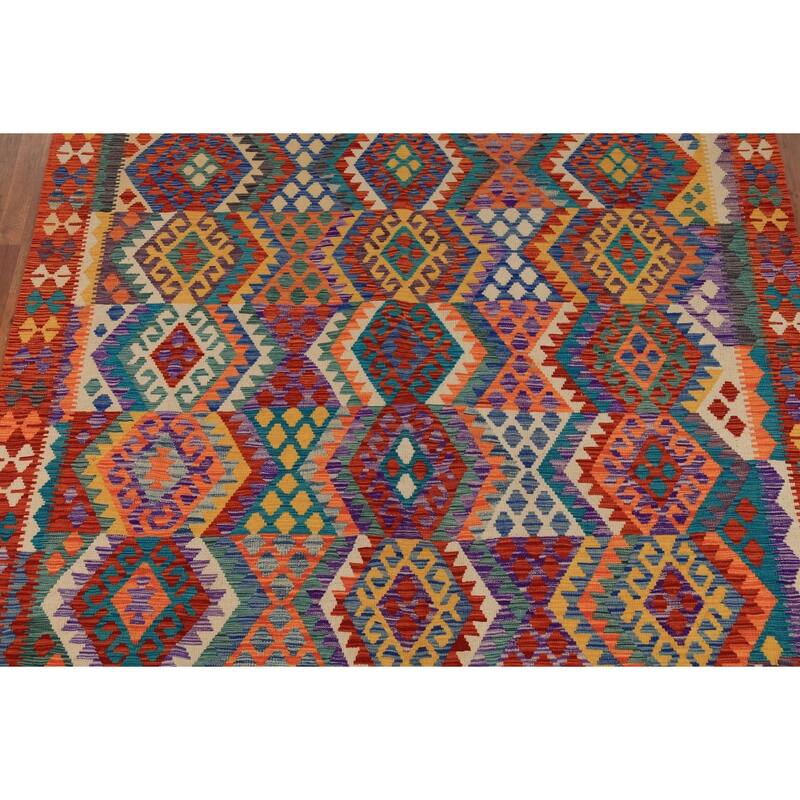 Multicolor Geometric Kilim Oriental Area Rug Hand-Woven Wool Carpet - 8'2" x 9'6"
