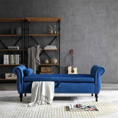 63" Velvet Storage Bench Stool Tufted Ottoman, Solid Wood Legs, Blue