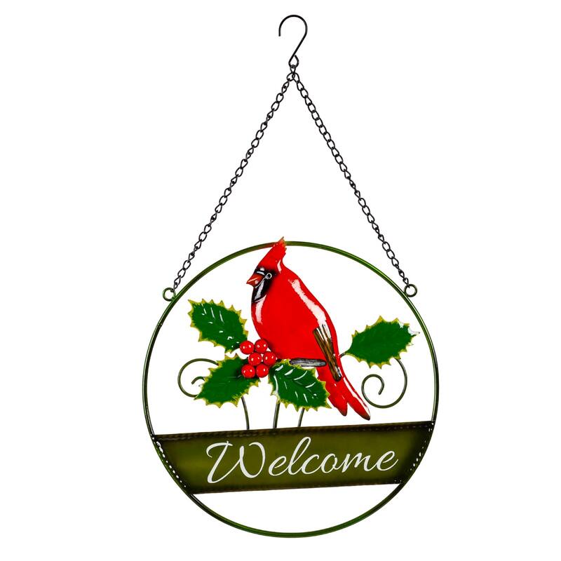 12" Hanging Christmas Metal Sign, Cardinal & Poinsettia