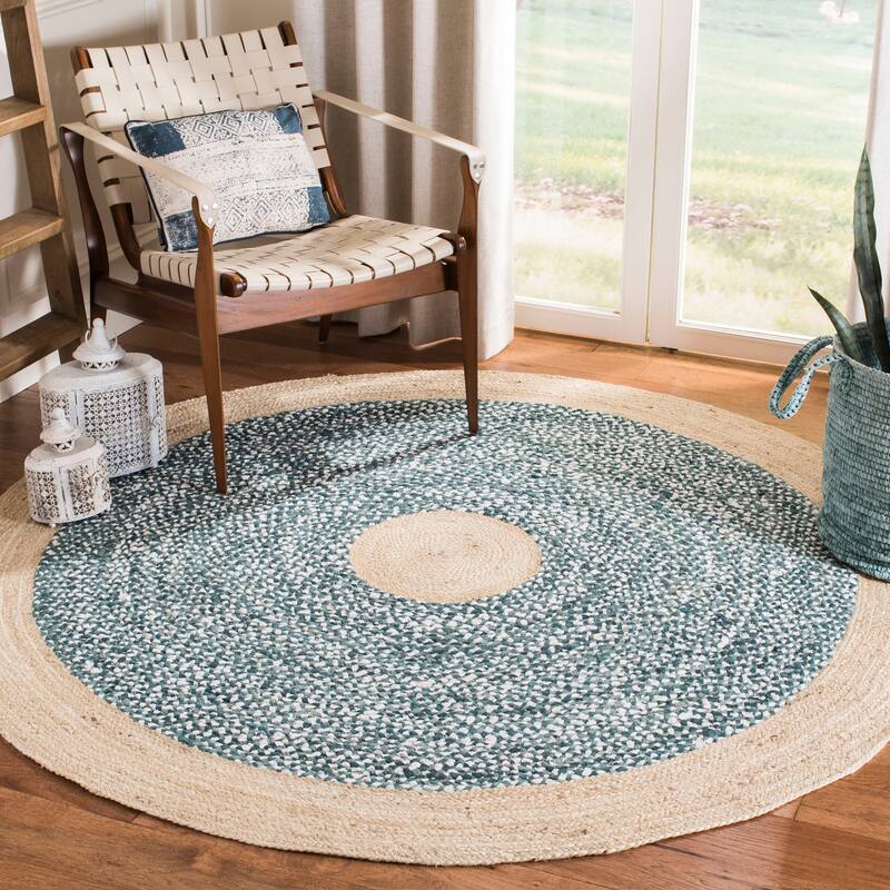 SAFAVIEH Handmade Cape Cod Edelfriede Coastal Jute Rug - 4' Round - Light Blue/Natural