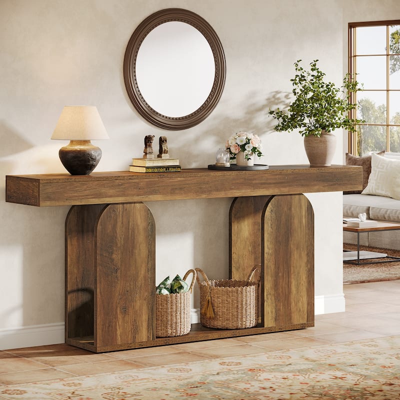 Long Wood Entryway Table, Storage Shelf Sofa Console Table, Living Room Hallway Foyer Behind Couch