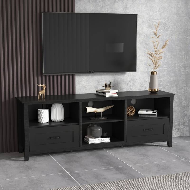 Contemporary TV Stand with 4 Open Storage Compartments and 2 Drawers, Fits 60 TVs, 70 W.