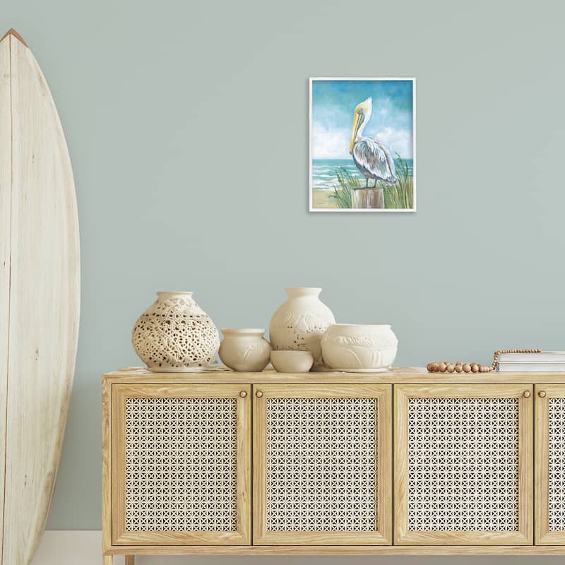 Stupell Pelican Perched near Shore Framed Giclee Art Design By Diane Kater