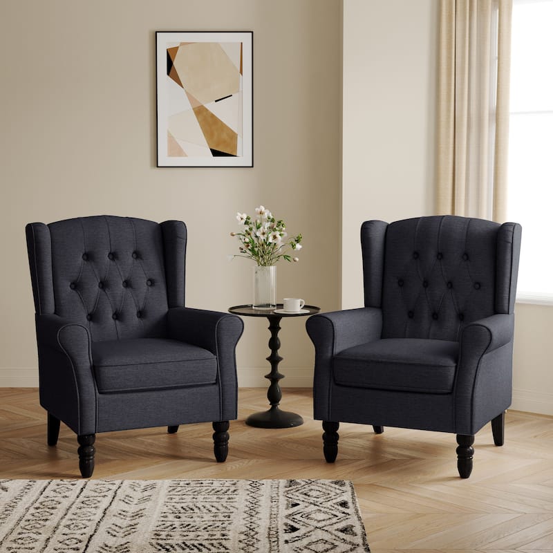 Button-Tufted Accent Club Chair Wingback Armchair Set of 2 - Black Blue
