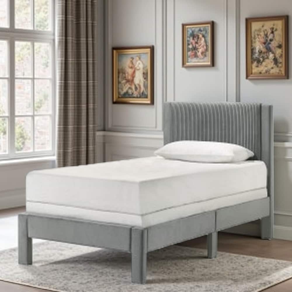 Twin Size Upholstered Platform Bed with Ribbed Plush Headboard, Low-Profile Frame for Youth Bedrooms
