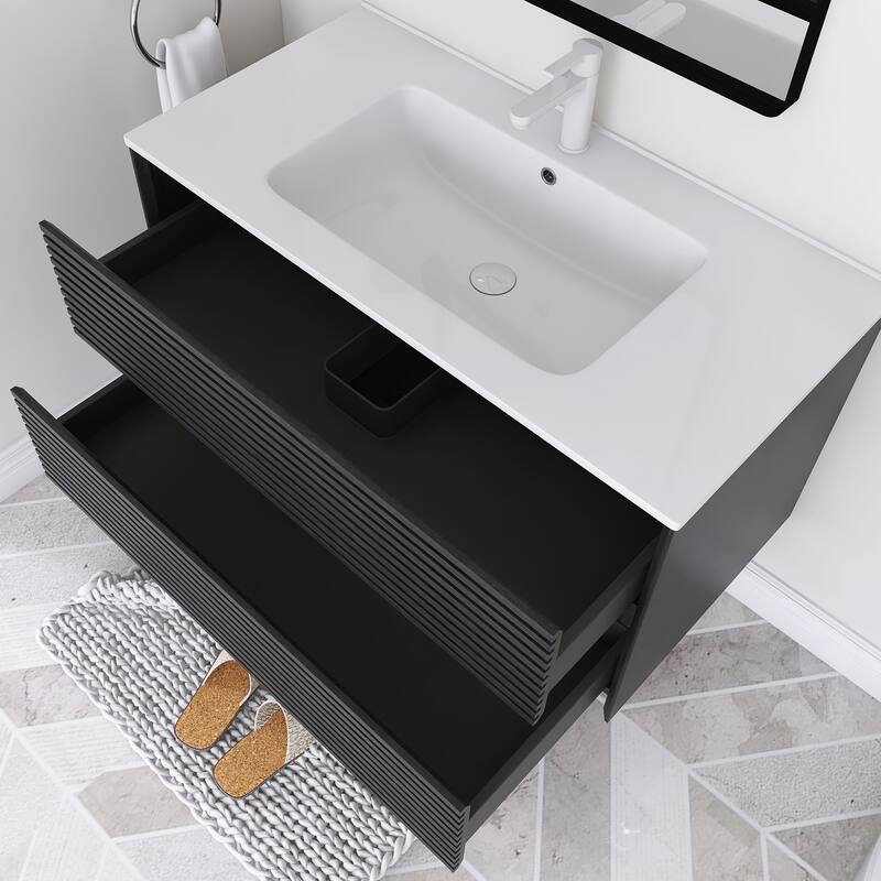 Wall-Mounted Bathroom Vanity with White Ceramic Sink