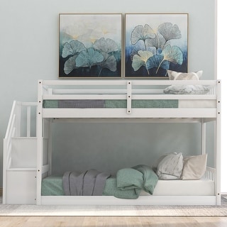 Twin over Twin Bunk Kids Bed with Ladder Storage, Guardrails and Staircase, White