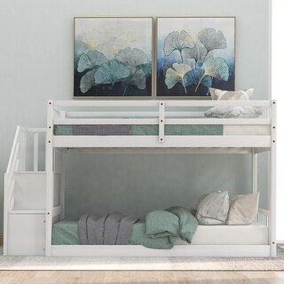 White Twin over Twin Wood Floor Bunk Bed with Stairway Storage Ladder ...
