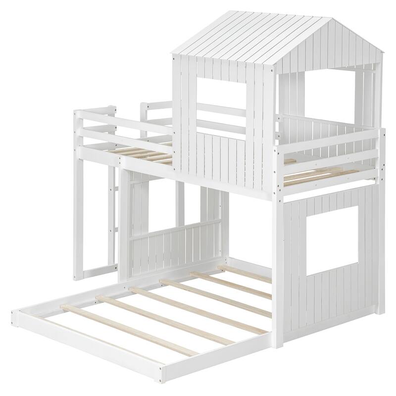 Play House Loft Bed with Floor Bed, Wooden Twin Over Full Bunk Bed with Roof, Windows, Ladder and Safety Guardrails