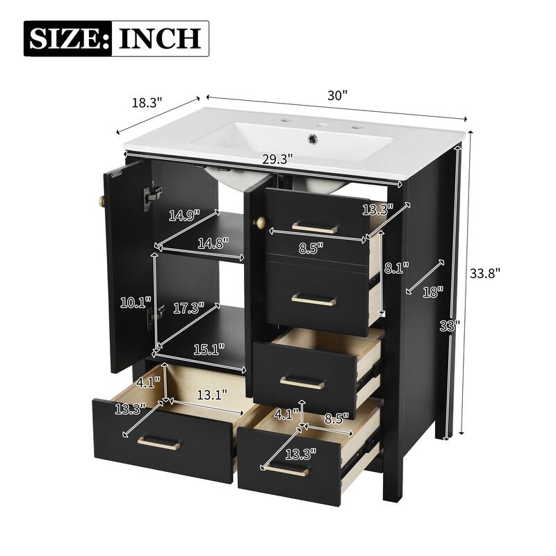 30" Freestanding Bathroom Vanity with Ceramic Sink, Solid Wood Frame & 4 Drawers for Ample Storage