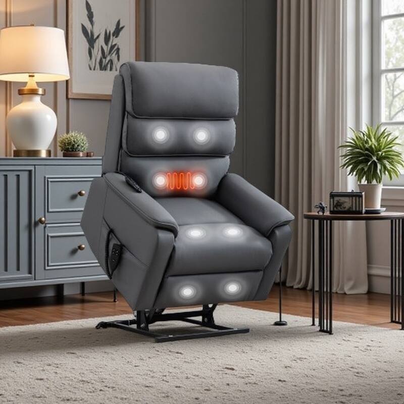 Dual Motor Power Lift Recliner Chair, with Heat & Massage, 350lbs Capacity, Infinite Position, Power-Remote, Side Pockets - LeatherGrey