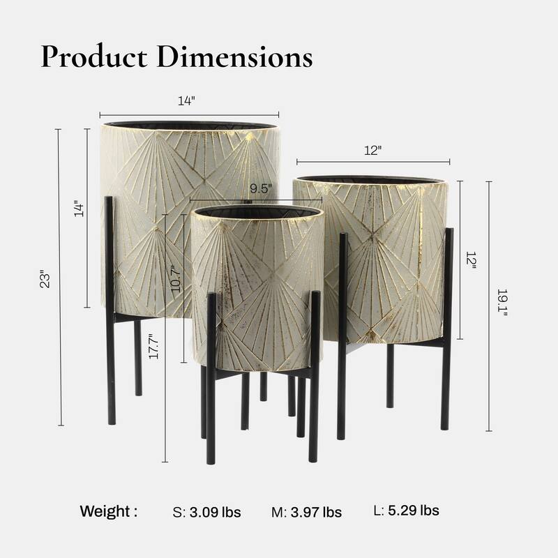 Grey and Gold Metal Cachepot Planters with Black Stand (Set of 3)