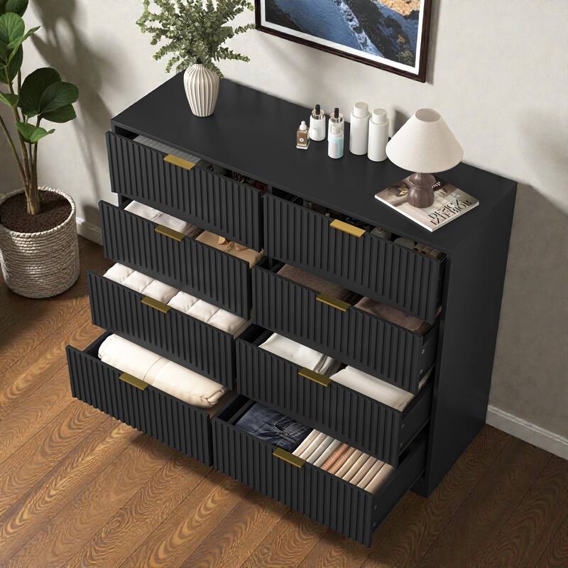 Modern 8 Drawer Dresser with Gold Metal Handles, 47.2 Inch Wide Wood Chest of Drawers for Bedroom Living Room