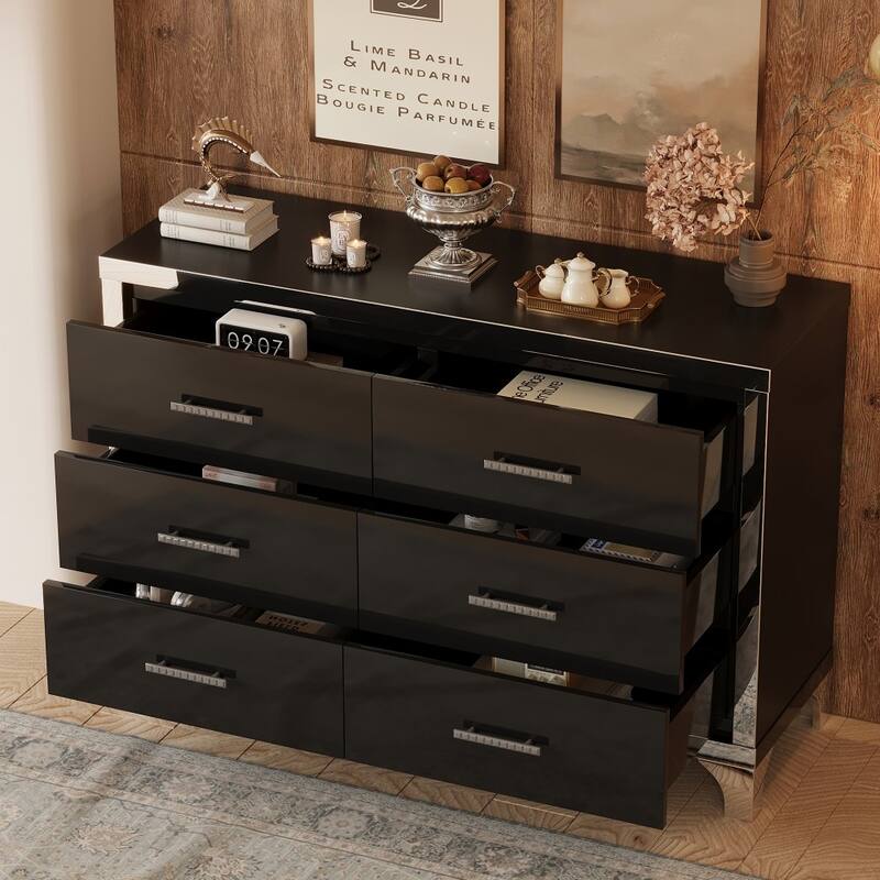 Mirrored Storage Cabinet with 6 Drawers - Black