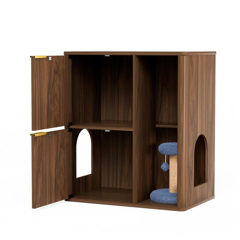 Anmytek Modern Cat Litter Box Enclosure with Cat Tree and Scratching Posts Walnut Finish Side Cabinet