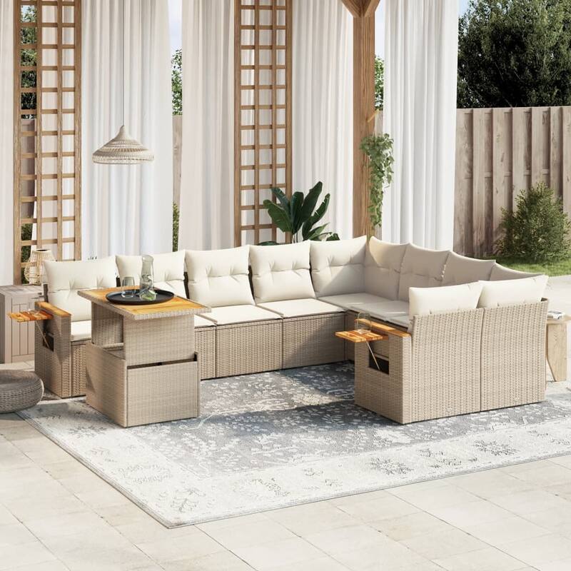 vidaXL Patio Sofa Set with Cushions Outdoor Furniture 10 Piece Poly Rattan - 21.7 x 39.4 x 28.7 in - Beige and cream