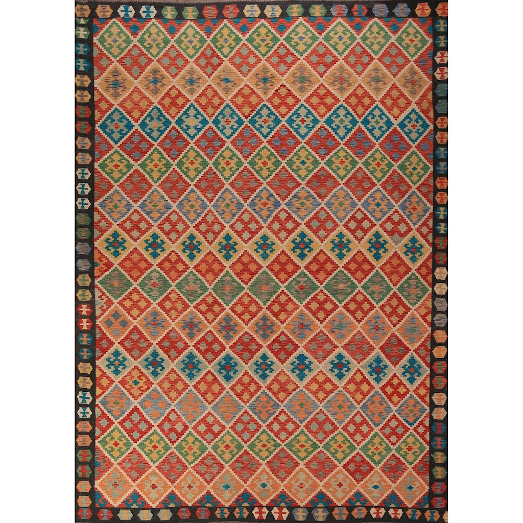 All-Over Trellis Kilim Area Rug Hand-Woven Wool Carpet - 8'9" x 11'4"