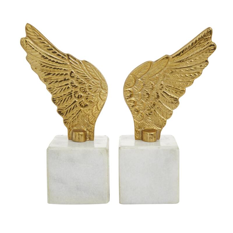 Aluminum Metal Bird Wings Decorative Bookends with Marble Base - Set of 2 Gold or Silver - Roche River Decor