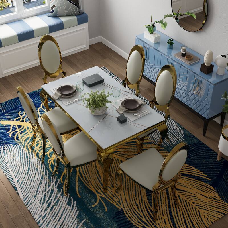 Luxury White Glass Dining Room Table Set with PU Leather Dining Chairs