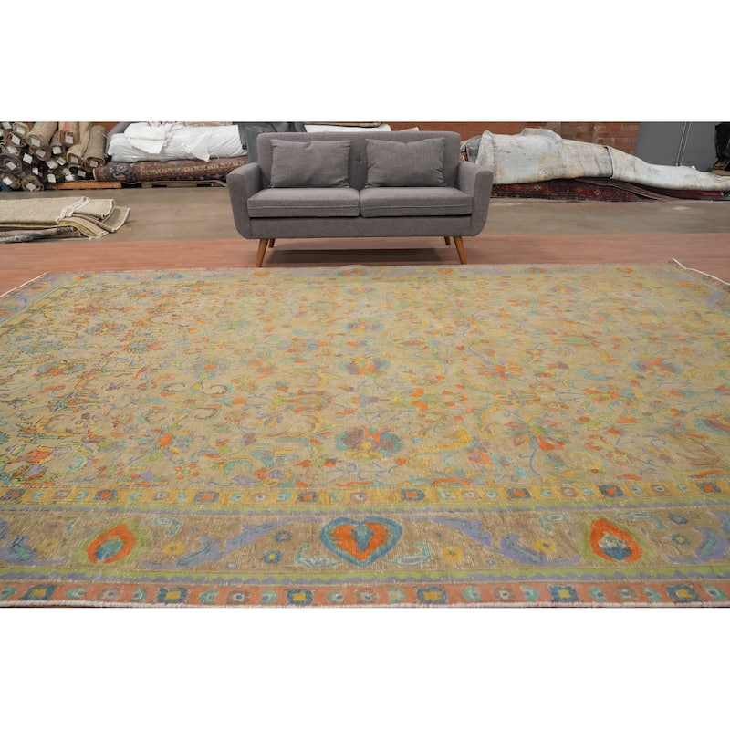 Hand Knotted Oriental 100% Wool Carpet Traditional Floral Brown Tabriz Area Rug - 13' 9'' X 9' 1''