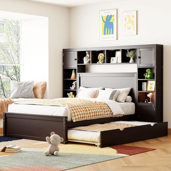 slide 2 of 18, Full Size Wooden Bed with Trundle, Cabinet, and Sockets, Espresso Espresso