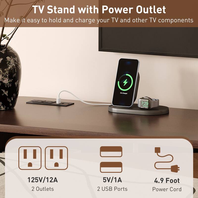 Mid Century Modern TV Stand, for TVs up to 80" with Tambour Doors, Drawers and Power Outlet, for Living Room & Bedroom