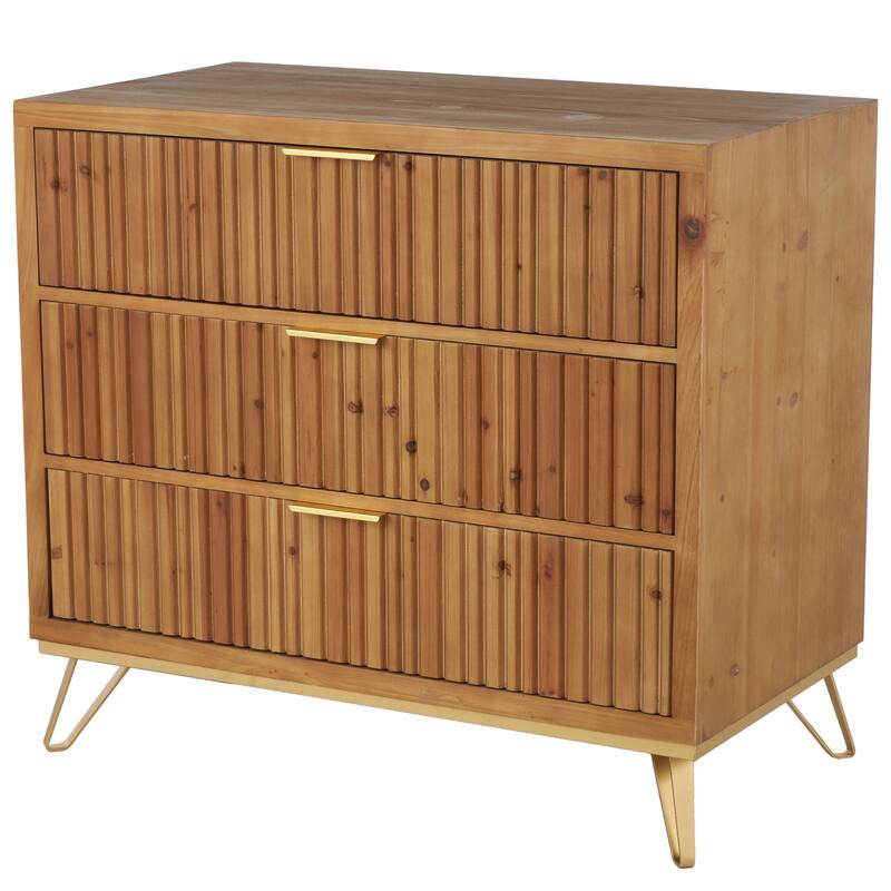 Brown Wooden Ribbed 3 Drawers Room Cabinet with Gold Handles and Legs - 20"W x 36"L x 32"H