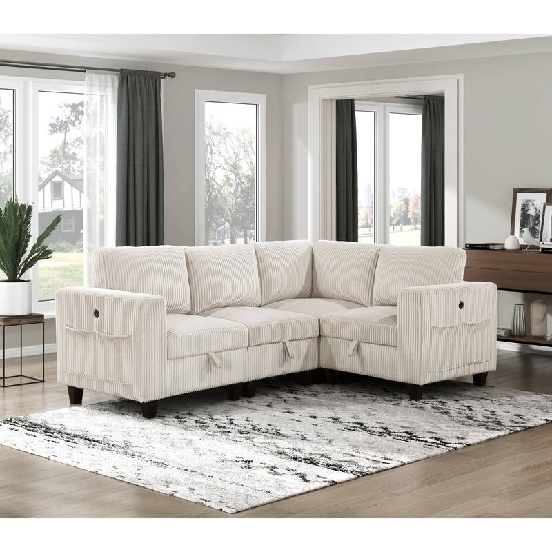 4-Piece Modular Sectional in Beige Corduroy, with Storage, Pockets, Ports, 89x64x36 inches, 235 lbs