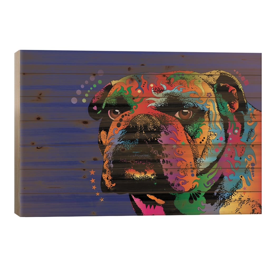 Rainbow Bulldog Print On Wood by Michael Tompsett - Multi-Color