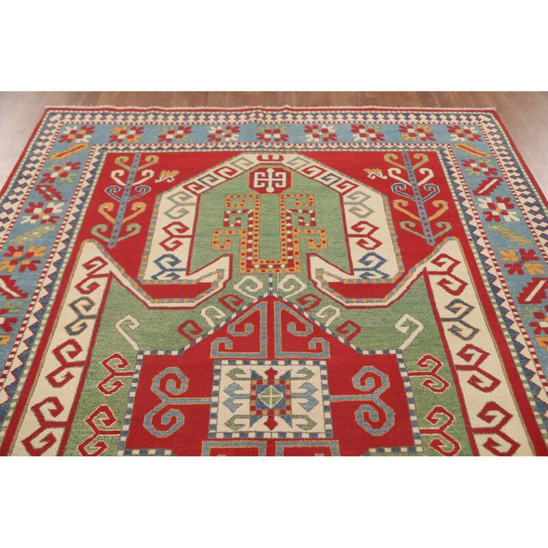 Green & Red Kazak Area Rug Hand-Knotted Wool Carpet - 6'7" x 9'7"