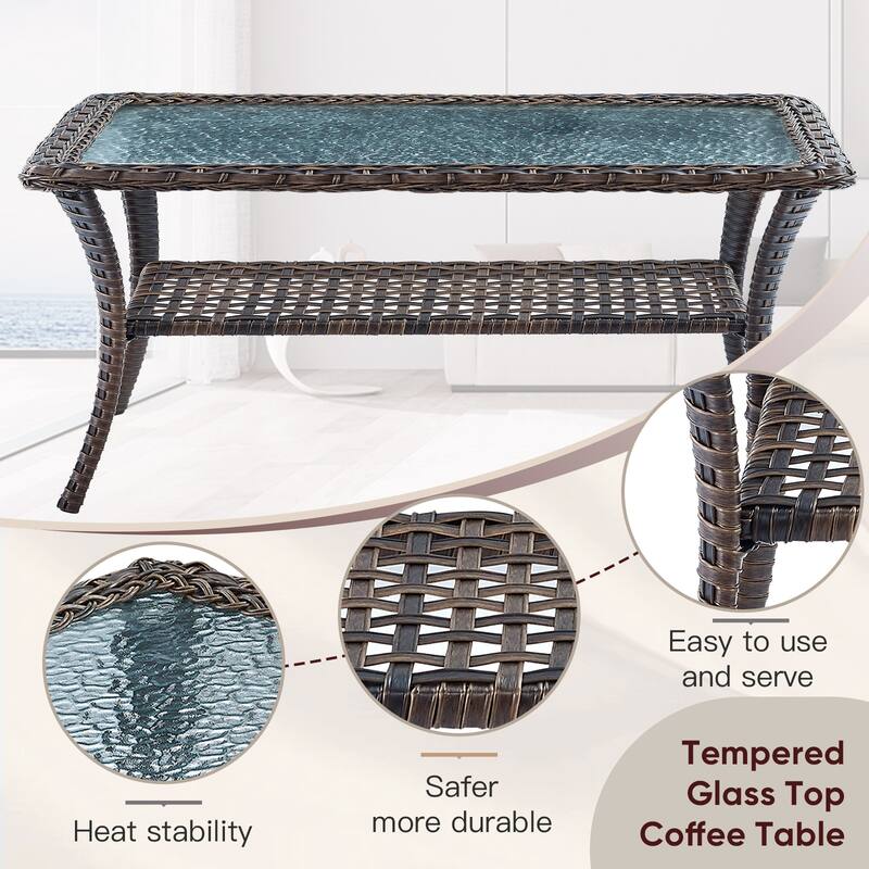 Patio Rocking Chairs with Sofa, Ottomans and Coffee Table - Brown