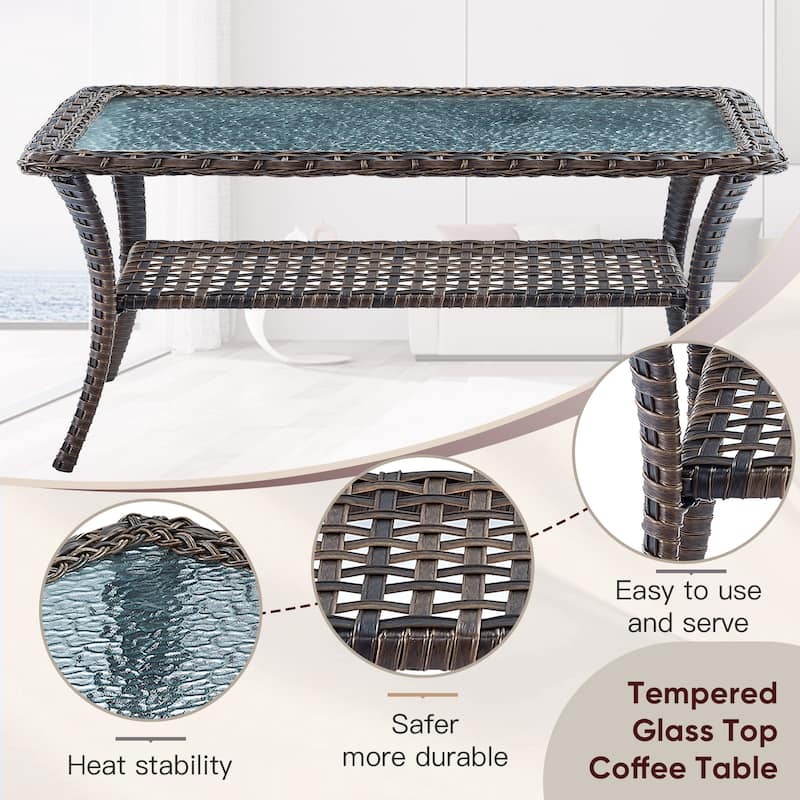 Patio Swivel Chairs with Sofa, Ottomans and Coffee Table - Brown