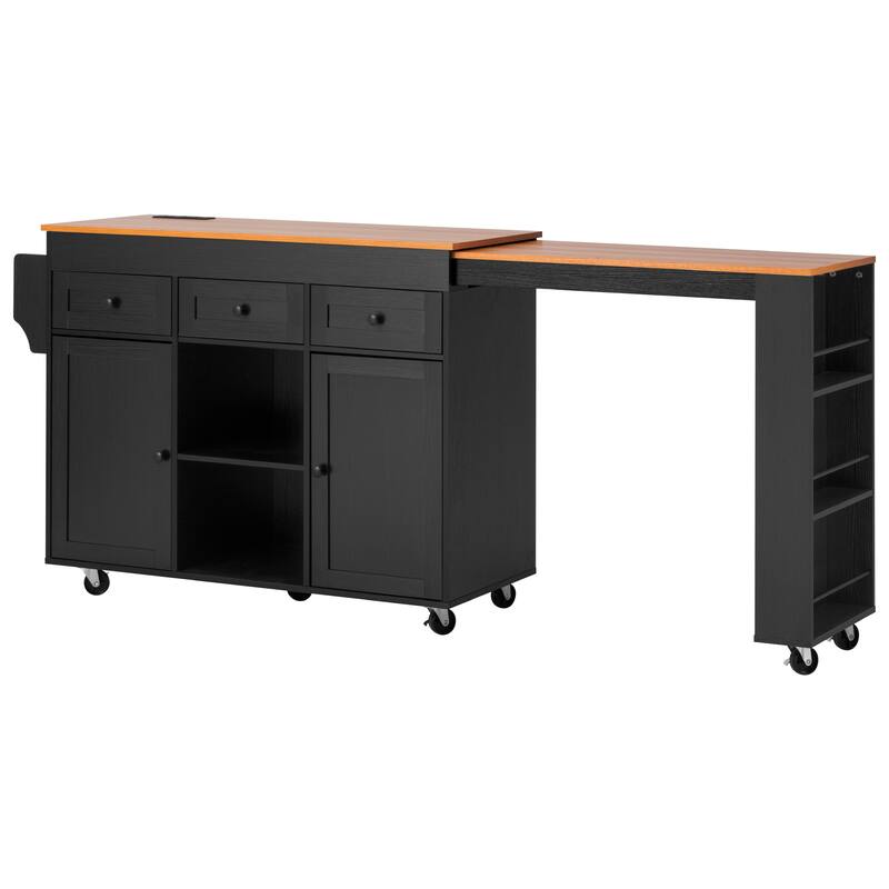 Kitchen Island with Extendable Dining Table & Power Outlet, Rolling Kitchen Island with 3 Side Open Shelves, 3 Drawers & 2 Doors