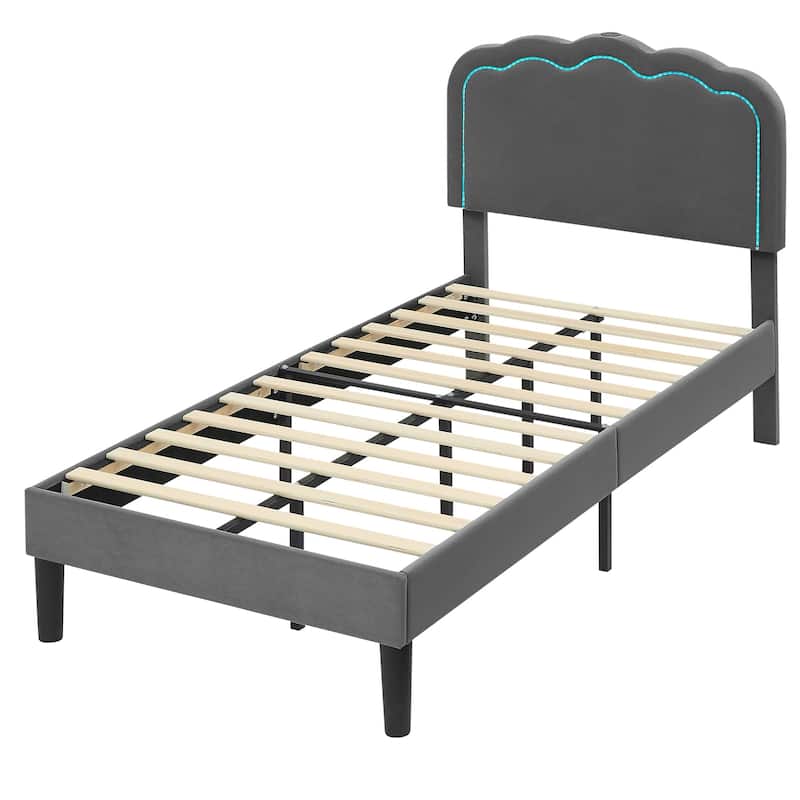 VECELO Upholstered Platform Kids Bed Frame with Headboard & LED Lights,Twin Size Bed Set of 2