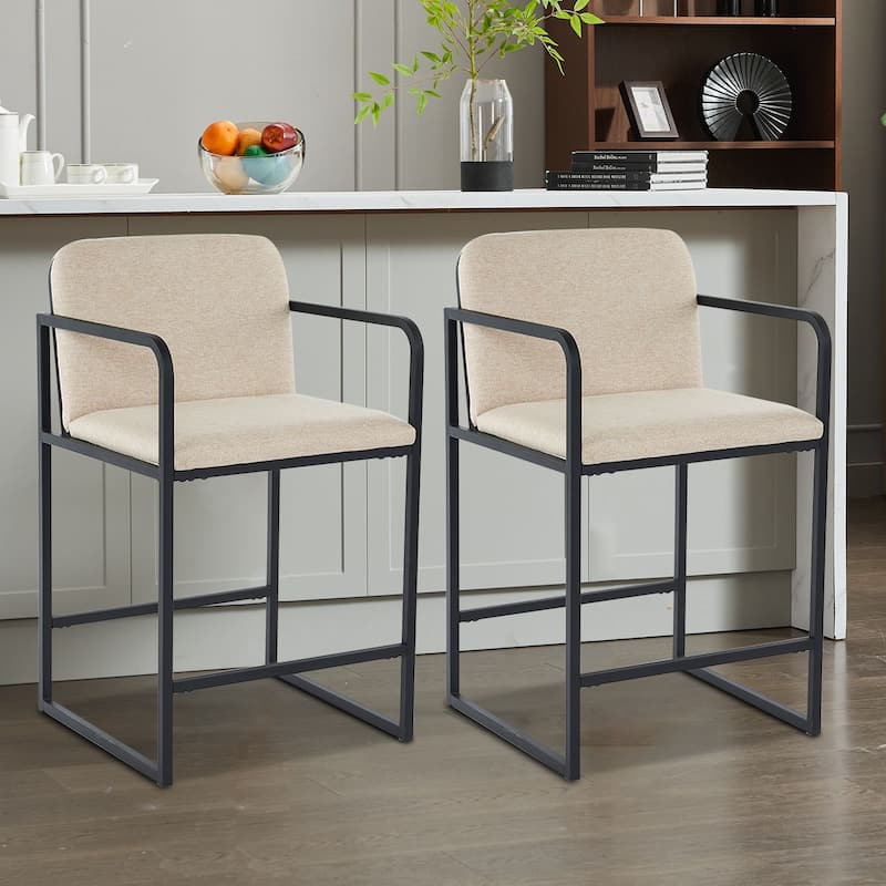 Modern Classic Set of Two Upholstered Bar Stools with Footrest - Beige