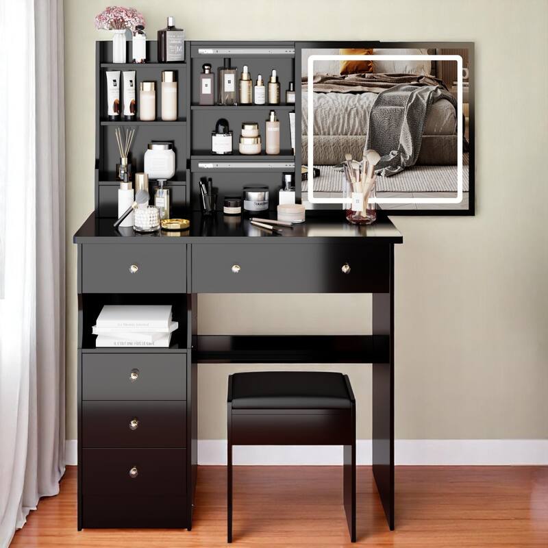 KISRAIS Fashion Vanity Desk with Mirror and Lights, 3 Color Lighting Brightness Adjustable