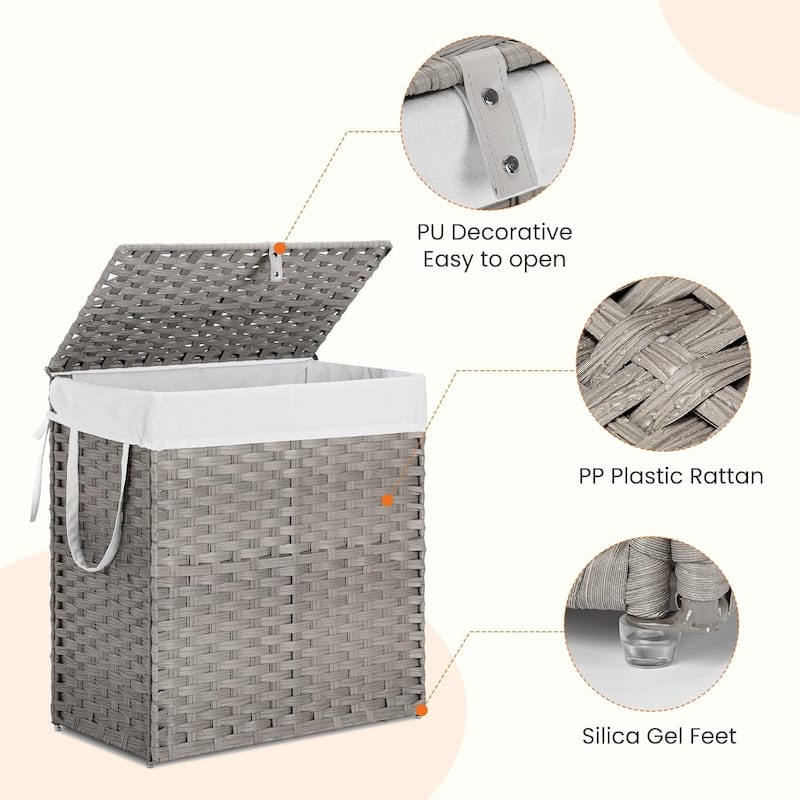 Laundry Hamper with Lid, Synthetic Rattan Clothes Laundry Basket with Lid and Handles, Foldable, Removable Liner