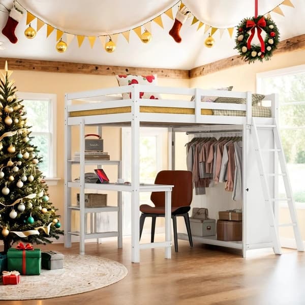 slide 2 of 30, Eye-catching Design Full Size Loft Bed with Wardrobe and Desk and Shelves,Multi-Functional Children's Bed White