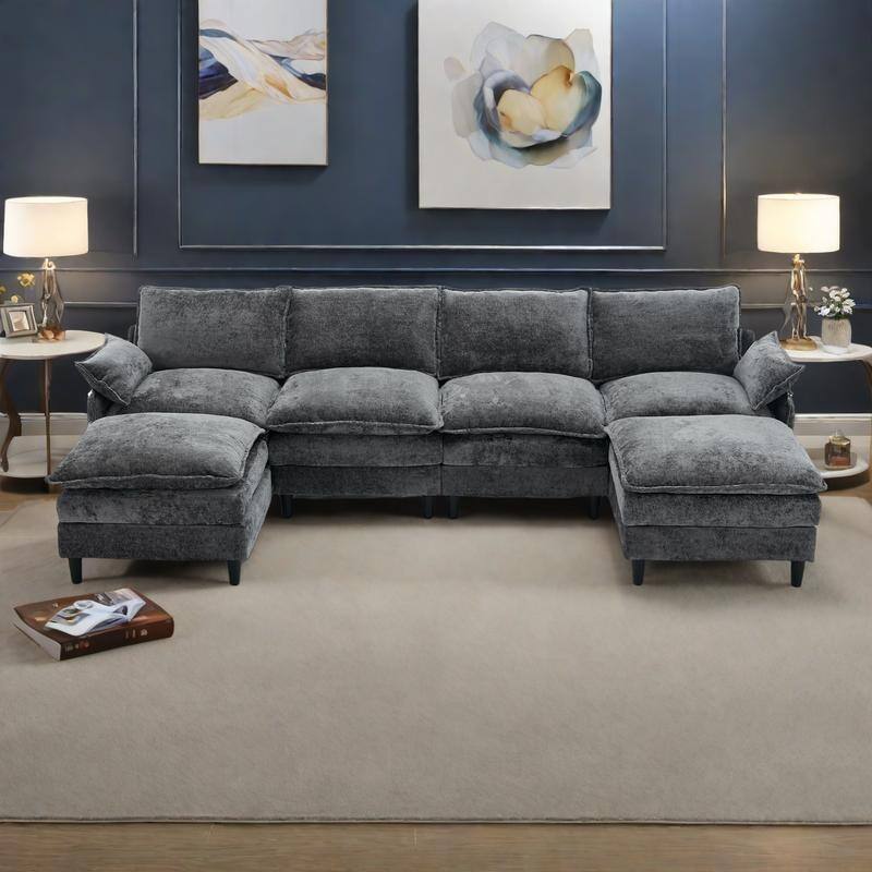 121.5" Chenille U-Shaped 6-Seater Sectional Sofa with 2 Movable Ottomans and 6 Pillows