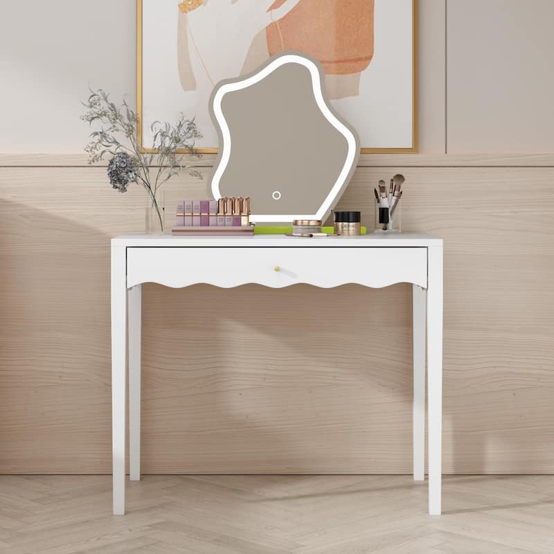 35.43"Vanity Desk with Drawer - Modern Makeup Table with Scalloped Front & Gold Knob, Compact Writing Desk with 4 Sturdy Legs