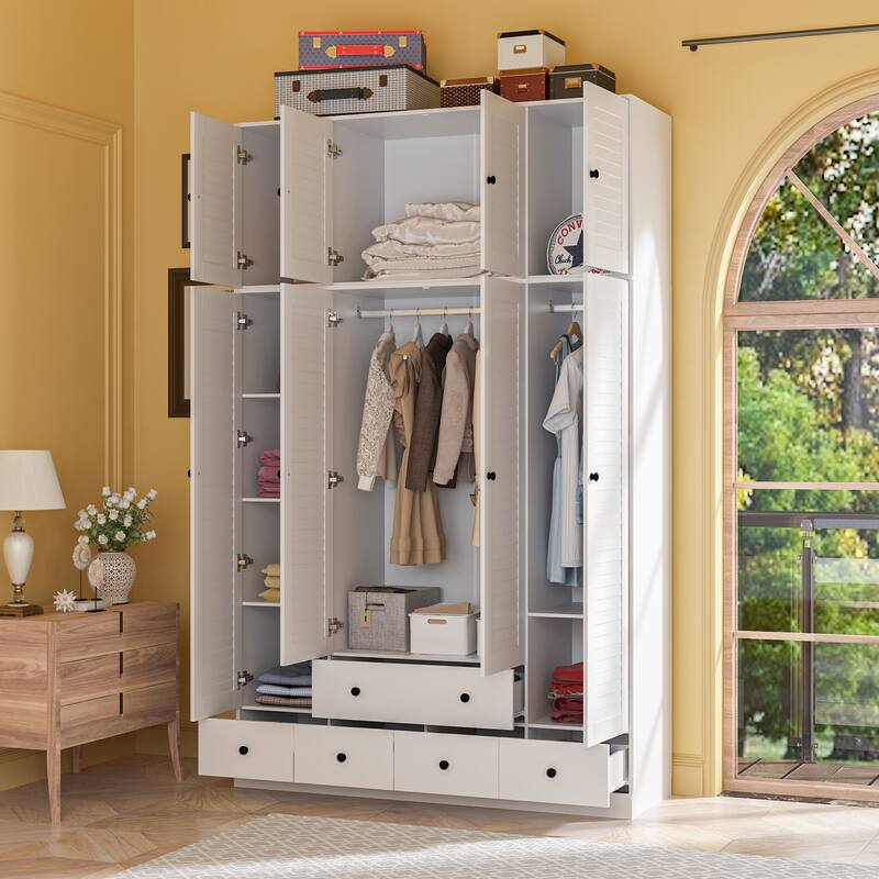 Modern 4-Door Wood Bedroom Armoire in White Closet Cabinet Wardrobe